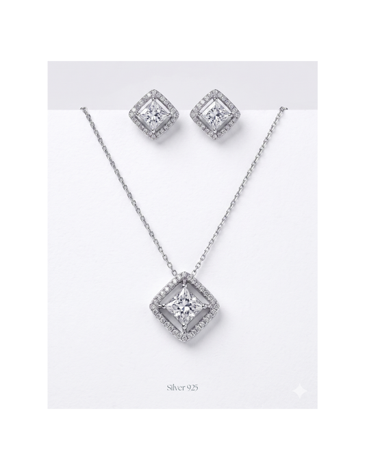 Sleek square-shaped pendant and matching earrings