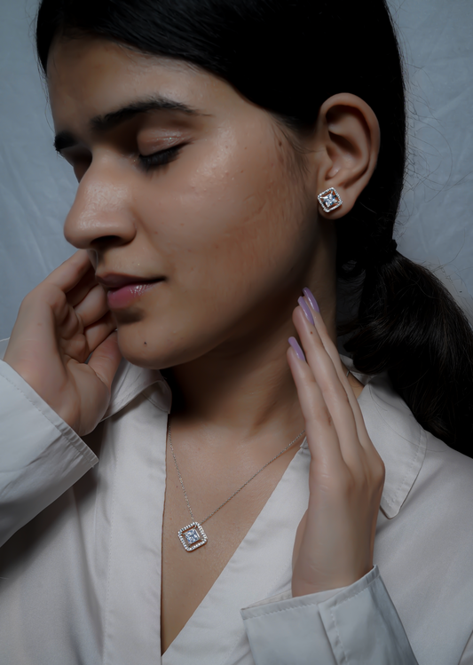 Sleek square-shaped pendant and matching earrings